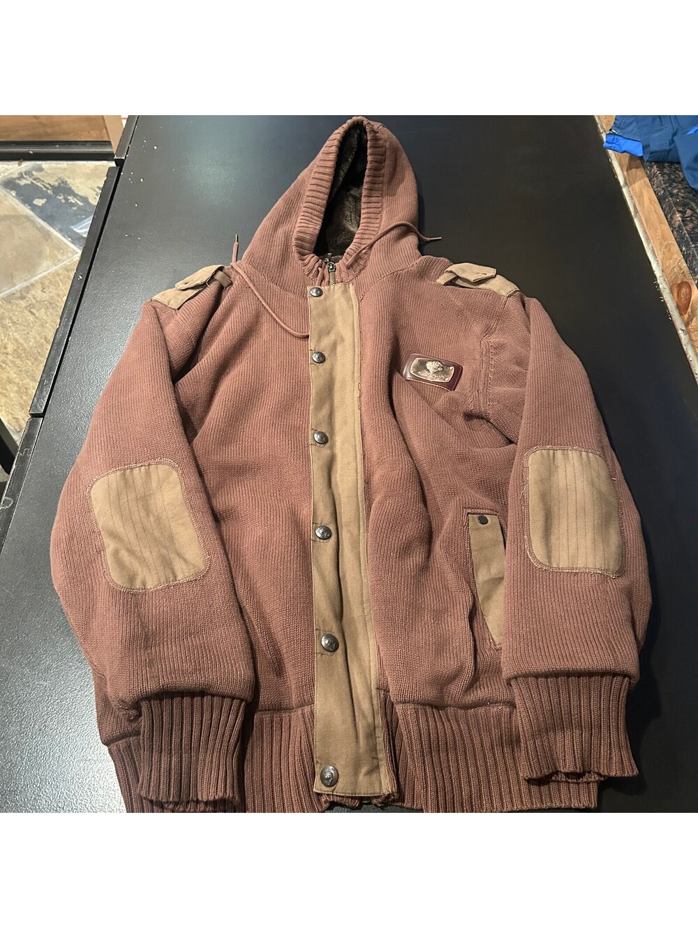 Vintage rare y2k Ed Hardy Brown Knit Hoodie Jacket with Faux Fur Lining